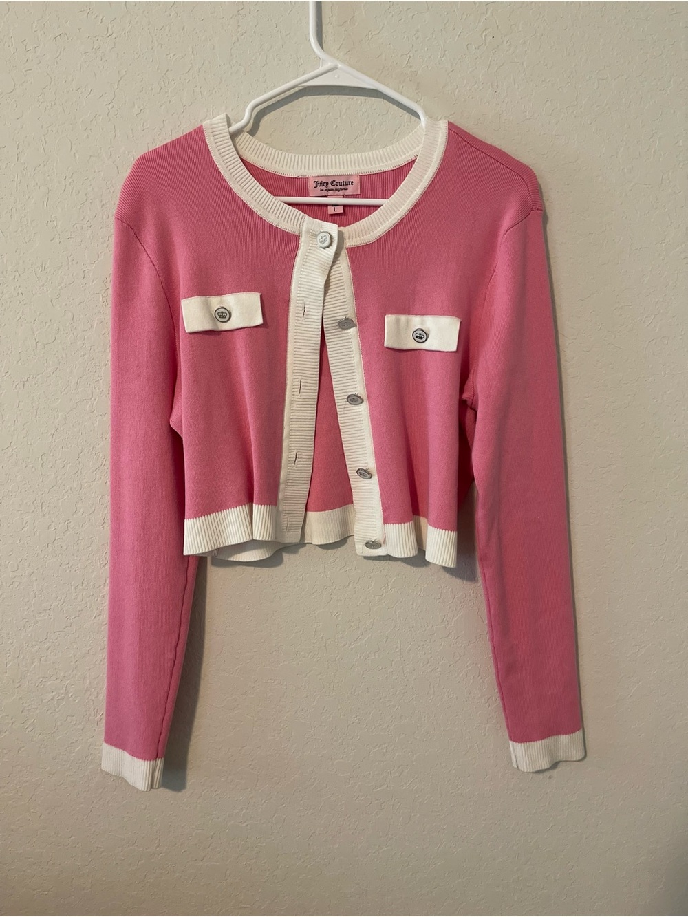 Juicy Couture Pink Cropped Cardigan with Cream Trim Accents